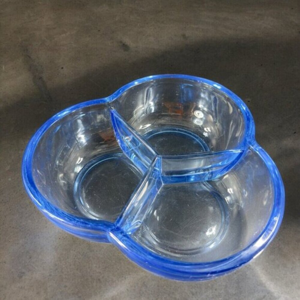 New Martinsville Trefoil Dish Transparent Blue Glass Divided‎ Dish Tray Vintage